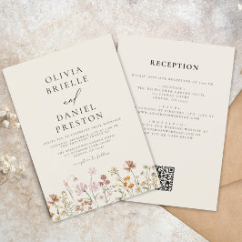 Invitación Boho Wildflower Beige todo en un Boda de código QR