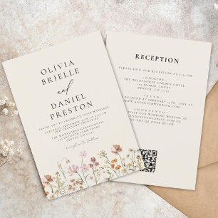 Invitación Boho Wildflower Beige todo en un Boda de código QR