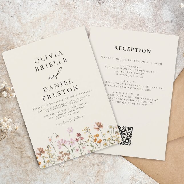 Invitación Boho Wildflower Beige todo en un Boda de código QR (Subido por el creador)