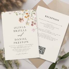 Invitación Boho Wildflower Beige todo en un Boda de código QR