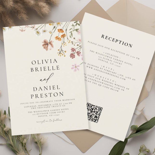 Invitación Boho Wildflower Beige todo en un Boda de código QR (Subido por el creador)