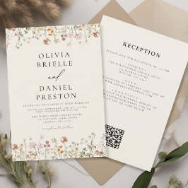 Invitación Boho Wildflower Beige todo en un Boda de código QR