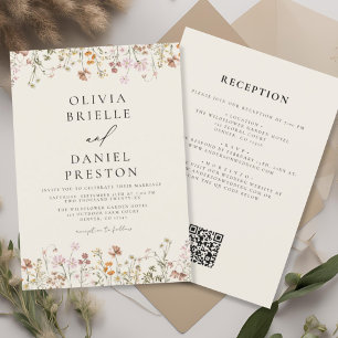 Invitación Boho Wildflower Beige todo en un Boda de código QR