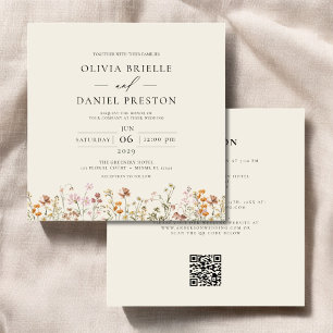 Invitación Boho Wildflower Beige todo en un Boda de código QR