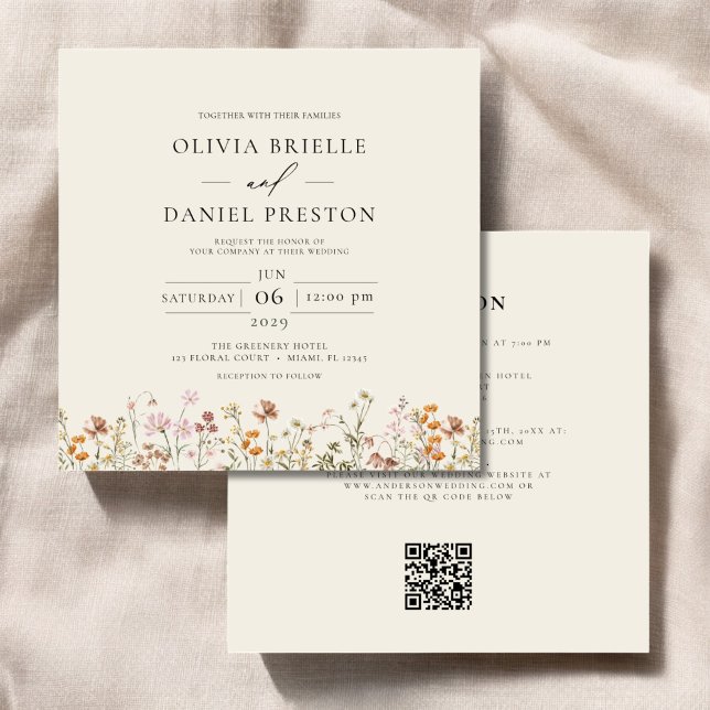 Invitación Boho Wildflower Beige todo en un Boda de código QR (Subido por el creador)