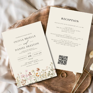 Invitación Boho Wildflower Beige todo en un Boda de código QR