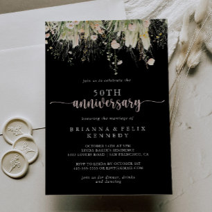 Invitación Boho Wildflower Black 50° aniversario Boda