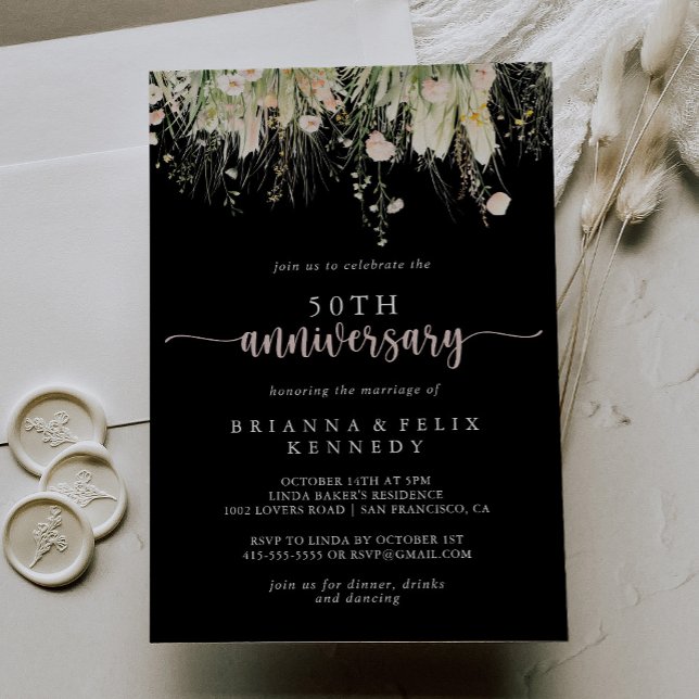 Invitación Boho Wildflower Black 50° aniversario Boda (Subido por el creador)