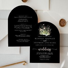 Invitación Boho Wildflower Black Arch Front & Back Boda