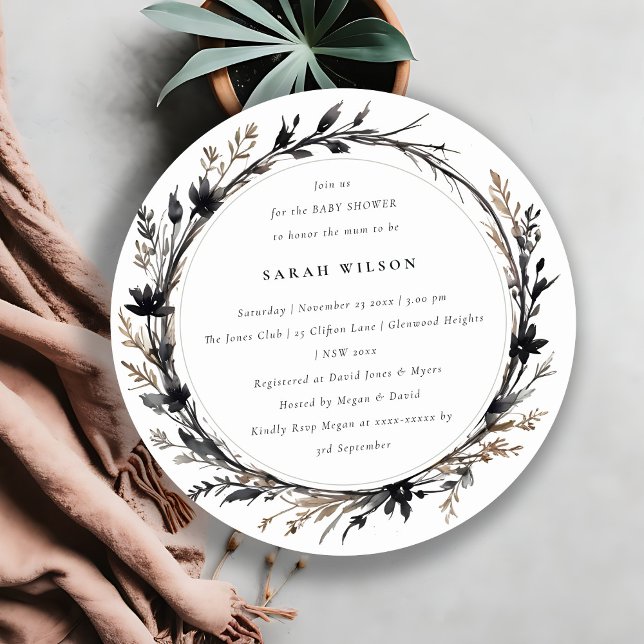 Invitación Boho Wildflower Black Fall Wreath Baby Shower (Subido por el creador)