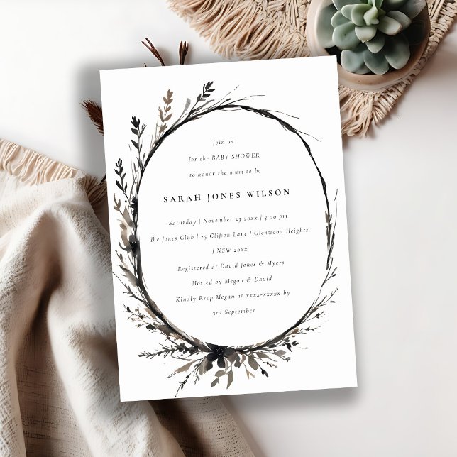Invitación Boho Wildflower Black Fall Wreath Baby Shower (Subido por el creador)