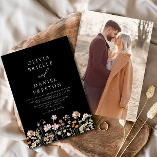 Invitación Boho Wildflower Black White Photo Garden Wedding
