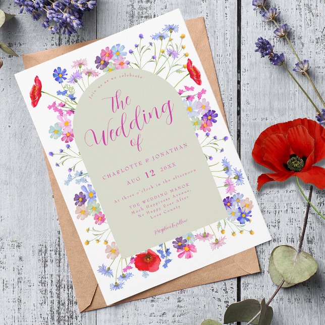 Invitación Boho Wildflower Boda (Colorful wildflower boho chic pink script wedding invitation )