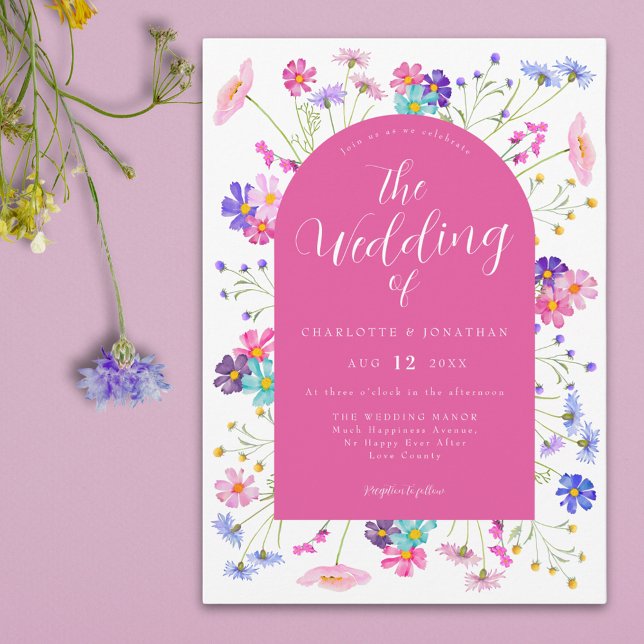 Invitación Boho Wildflower Boda (Colorful wildflower elegant hot pink summer wedding invitation )