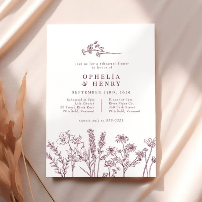 Invitación Boho Wildflower Boda Borgoña Ensayo Cena (Subido por el creador)