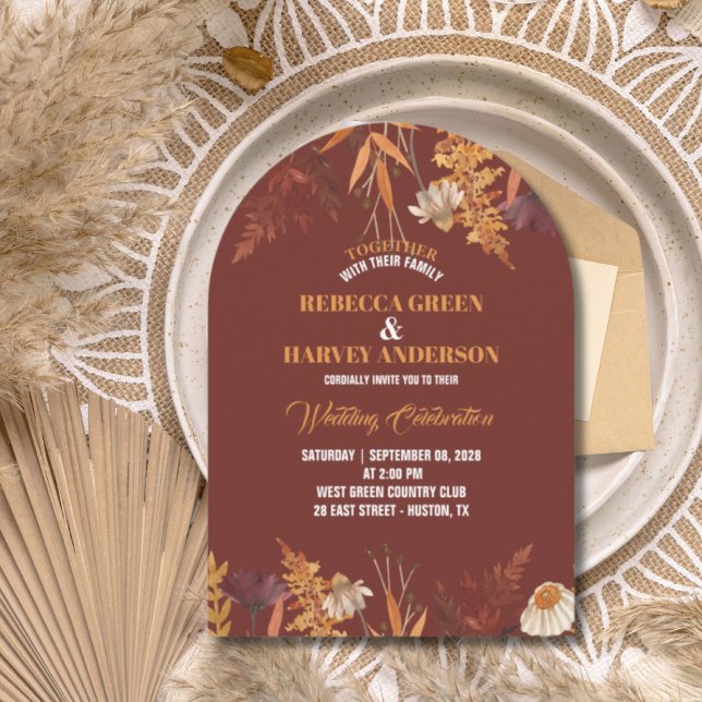 Invitación Boho Wildflower Borgoña Boda otoño otoño otoño (Boho Wildflower Burgundy Autumn Fall Wedding Invitation)