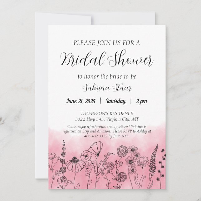 Invitación Boho Wildflower Bridal Shower Invitan a la acuarel (Anverso)