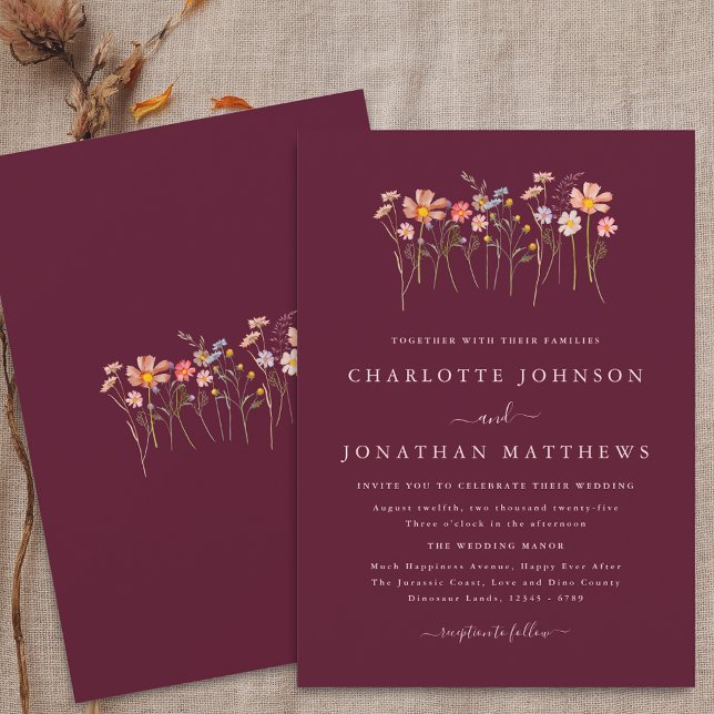 Invitación Boho Wildflower Cae Borgoña Boda rosa Rubor (Wildflower boho fall floral burgundy blush pink Wedding invitation Watercolor whimsical flowers)
