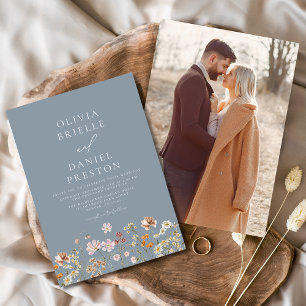 Invitación Boho Wildflower Dusty Blue Photo Garden Wedding