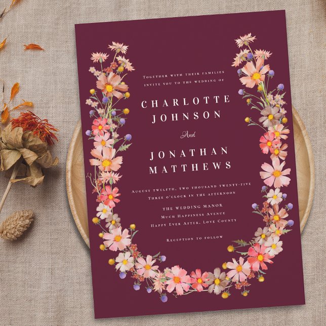 Invitación Boho Wildflower Fall Wedding (Burgundy boho fall floral wreath wedding invitation Watercolor wildflowers elegant modern)