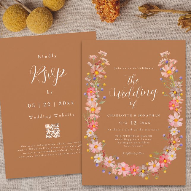 Invitación Boho Wildflower Fall Wedding (Boho fall rustic wildflower terracotta wedding qr code invitation Watercolor autumn floral wreath)