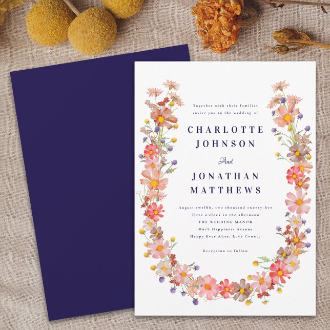 Invitación Boho Wildflower Fall Wedding (Boho fall floral wildflower wreath navy blue and white wedding invitation autumn colors Watercolor)
