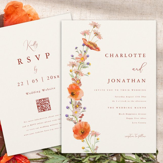 Invitación Boho Wildflower Fall Wedding (Boho wildflower fall orange wedding invitation with qr code )