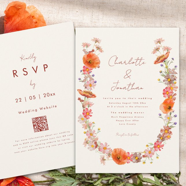 Invitación Boho Wildflower Fall Wedding (Boho wildflower wreath fall wedding invitation orange peach brunt orange whimsical script)