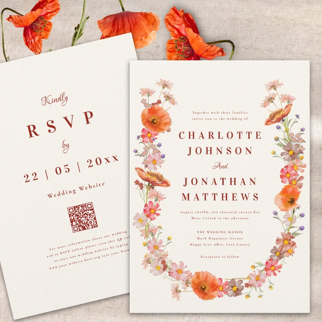 Invitación Boho Wildflower Fall Wedding (Boho dried flowers fall wedding invitation with qr code)
