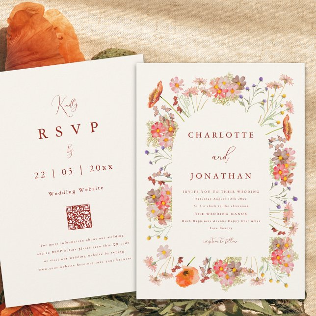 Invitación Boho Wildflower Fall Wedding (Boho wildflower fall wedding invitation with dried flowers and burnt orange script qr code)