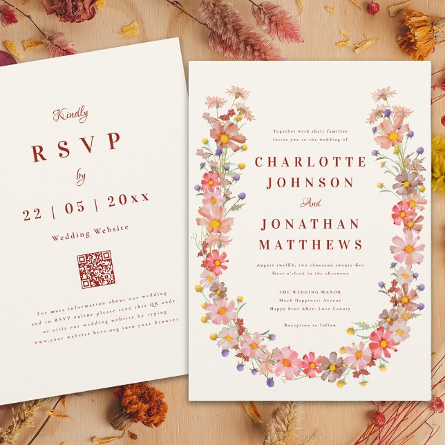 Invitación Boho Wildflower Fall Wedding (Wildflower wreath fall wedding invitation )