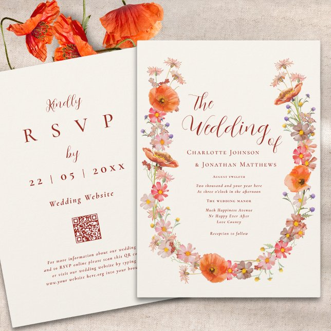 Invitación Boho Wildflower Fall Wedding Código QR (Boho wildflower fall wedding qr code invitation )
