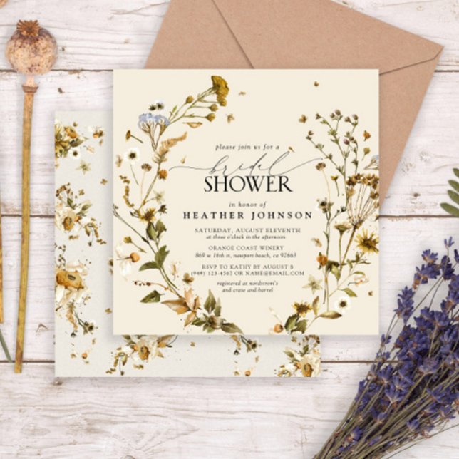Invitación Boho Wildflower Flor seca Wreath Brillante Ducha (Easy to personalize dried flower fall bridal shower invitation.
)