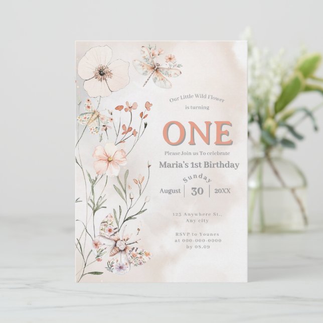 Invitación Boho Wildflower Floral Bebé cumpleaños (Anverso de pie)