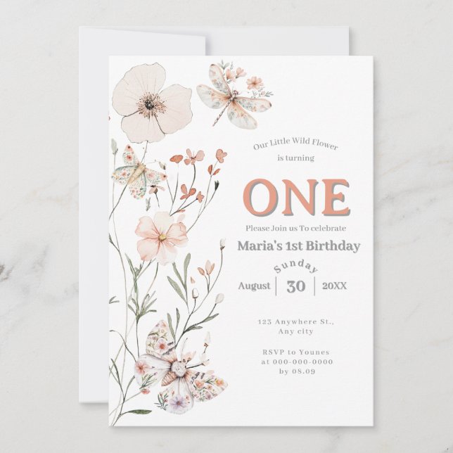 Invitación Boho Wildflower Floral Bebé cumpleaños (Anverso)