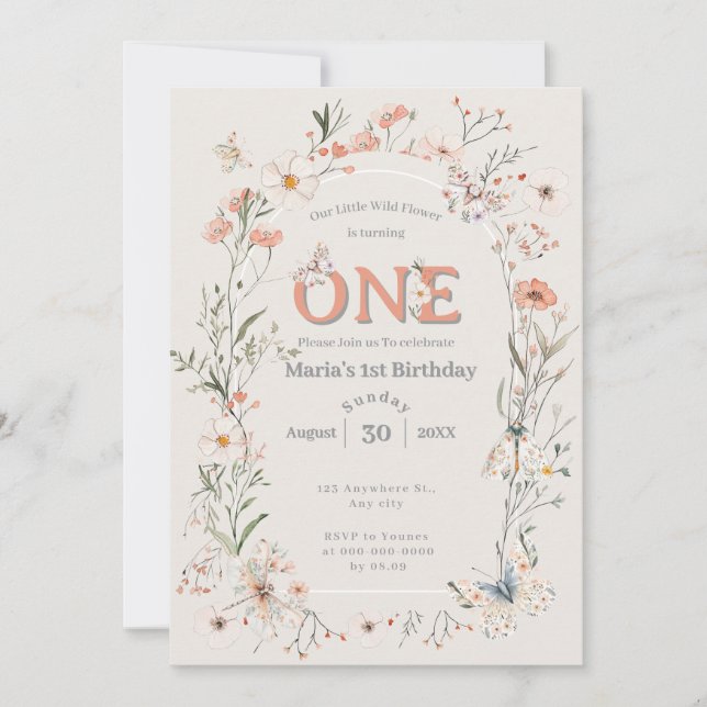 Invitación Boho Wildflower Floral Bebé cumpleaños (Anverso)