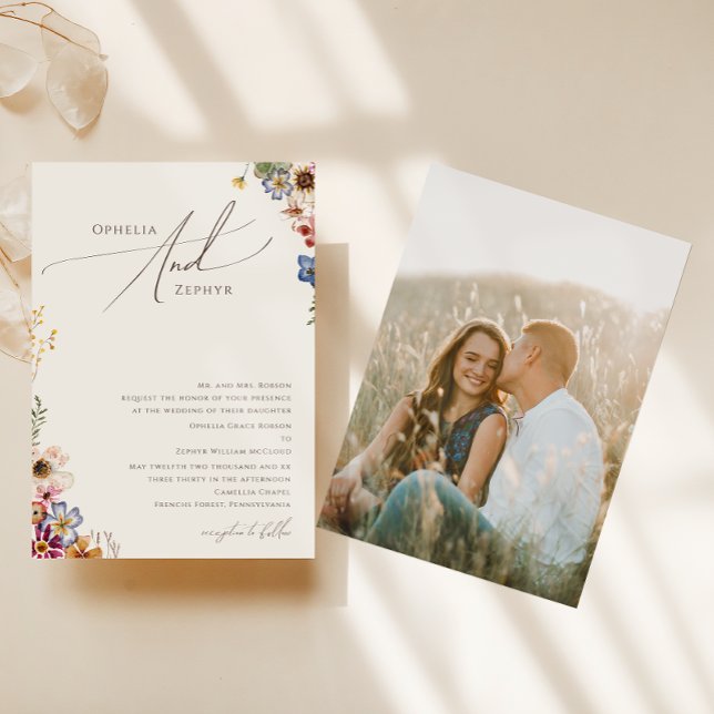 Invitación Boho Wildflower | Foto Beige Boda tradicional (Subido por el creador)