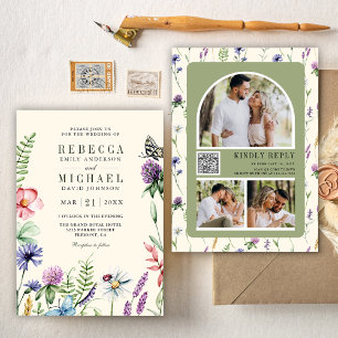 Invitación Boho Wildflower Foto QR Código Crema Boda