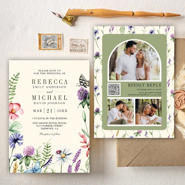 Invitación Boho Wildflower Foto QR Código Crema Boda (Subido por el creador)