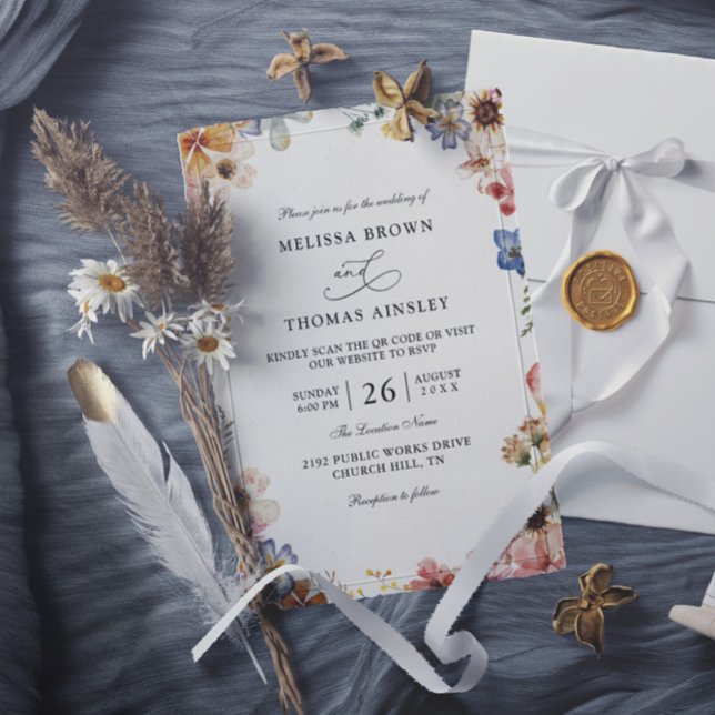 Invitación Boho Wildflower Garden Budget QR Code Wedding (Subido por el creador)