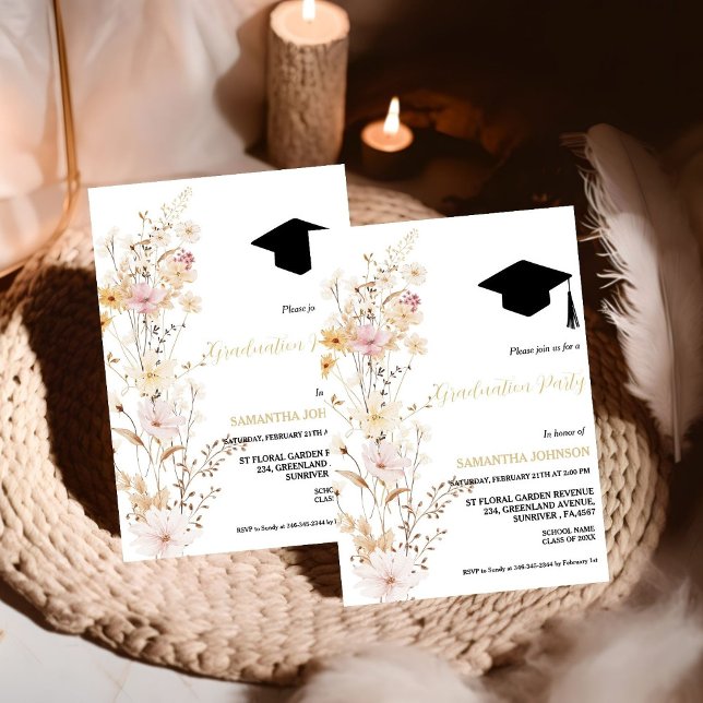 Invitación Boho Wildflower Grass Chica Graduación (Subido por el creador)