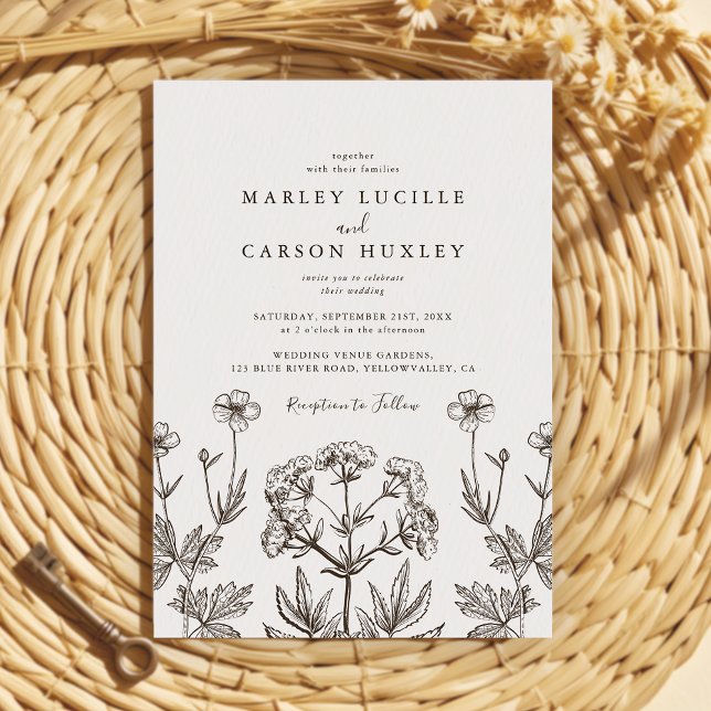 Invitación Boho Wildflower Line Art Boda de Textura Blanca (Subido por el creador)