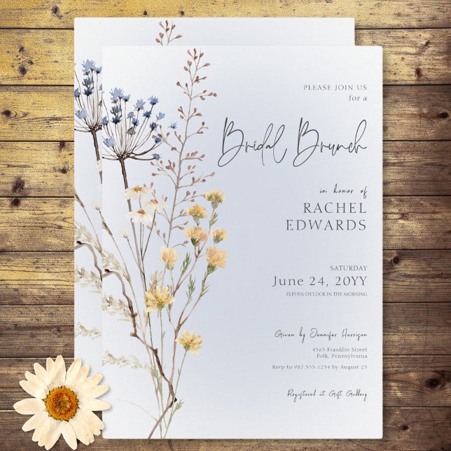 Invitación Boho Wildflower Modern Blue Bridal Brunch (Boho Wildflower Modern Blue Bridal Brunch Invitation)
