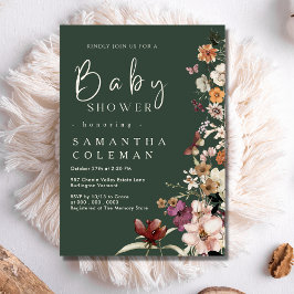 Invitación Boho Wildflower Modern Dark Green Cute Baby Shower