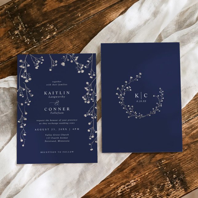 Invitación Boho Wildflower Navy Blue Baby's Breath Wedding (Boho vintage wildflower Baby's Breath Wedding invitations in navy blue.)