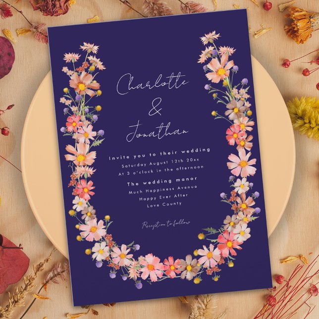 Invitación Boho Wildflower Navy Blue Fall Wedding (Wildflower navy blue fall wedding invitation with watercolor dried flowers boho wreath)