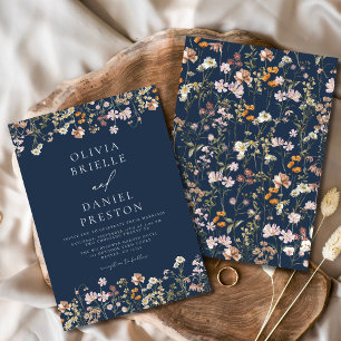 Invitación Boho Wildflower Navy Blue Garden Wedding