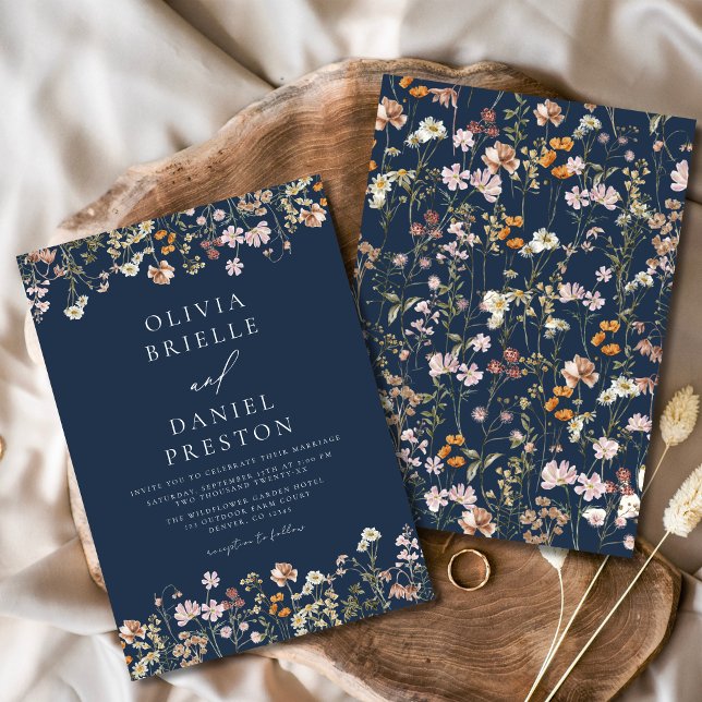 Invitación Boho Wildflower Navy Blue Garden Wedding (Subido por el creador)