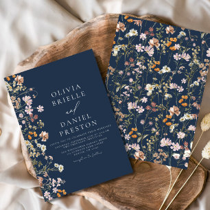 Invitación Boho Wildflower Navy Blue Garden Wedding
