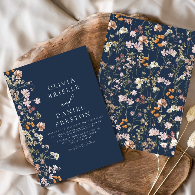 Invitación Boho Wildflower Navy Blue Garden Wedding (Subido por el creador)